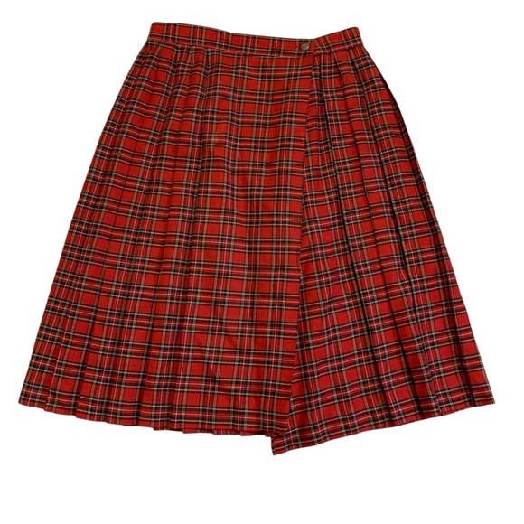 Vintage 70s/80s Principles Red Plaid Pleated Midi Skirt Size 12 - Picture 1 of 8